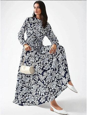 Robe longue imprimée à col chemise