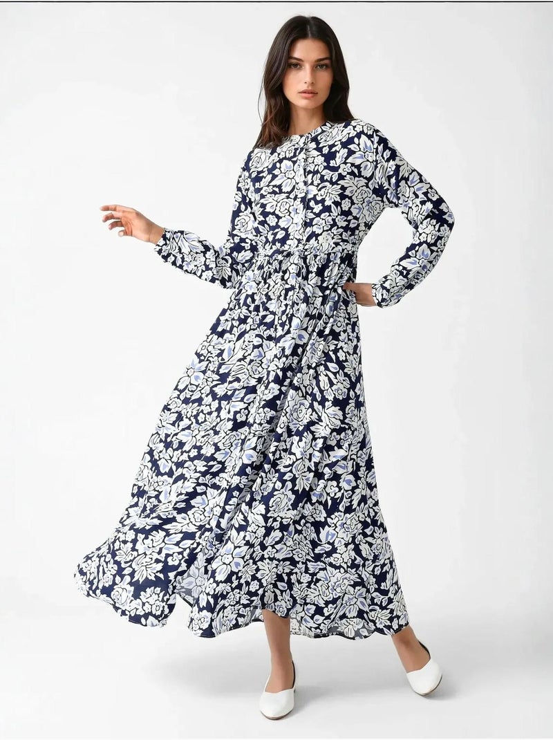 Robe longue imprimée à col chemise Bleu marine - Kiabi