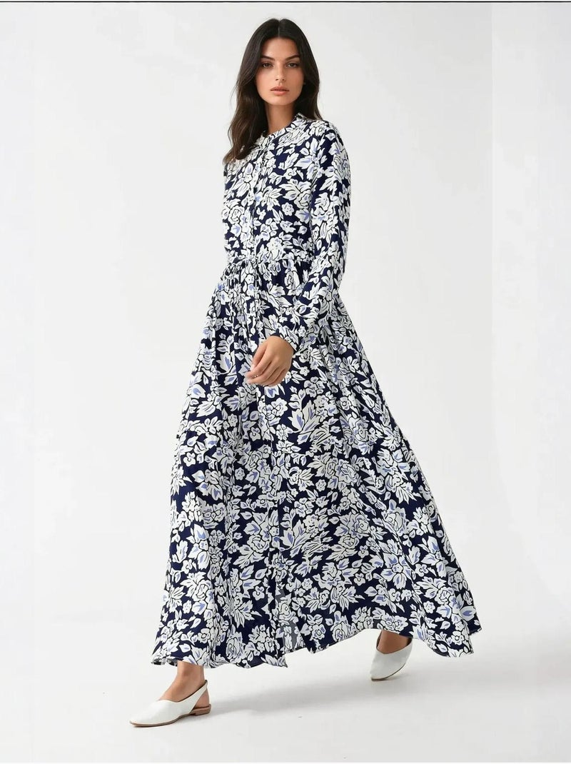Robe longue imprimée à col chemise Bleu marine - Kiabi