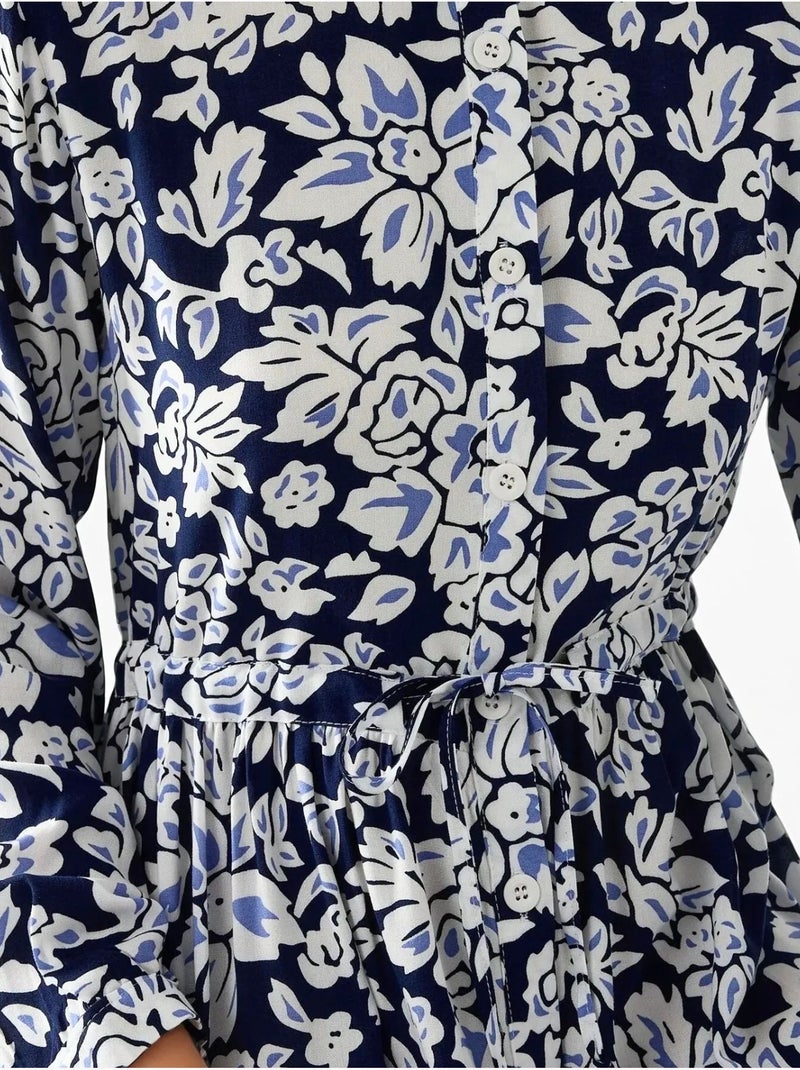 Robe longue imprimée à col chemise Bleu marine - Kiabi