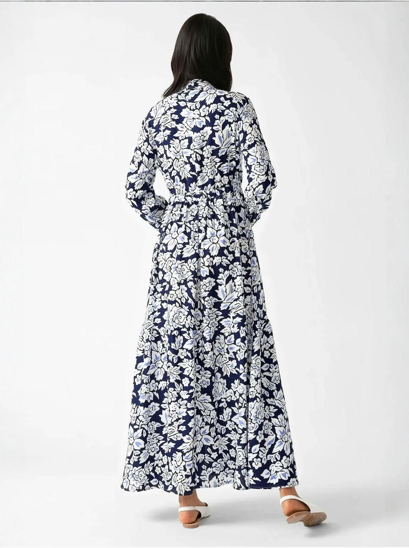 Robe longue imprimée à col chemise Bleu marine - Kiabi