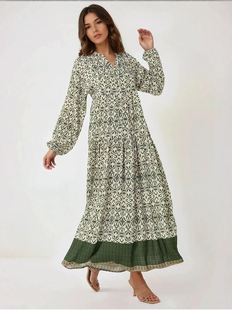 Robe longue imprimée à col chemise Vert - Kiabi