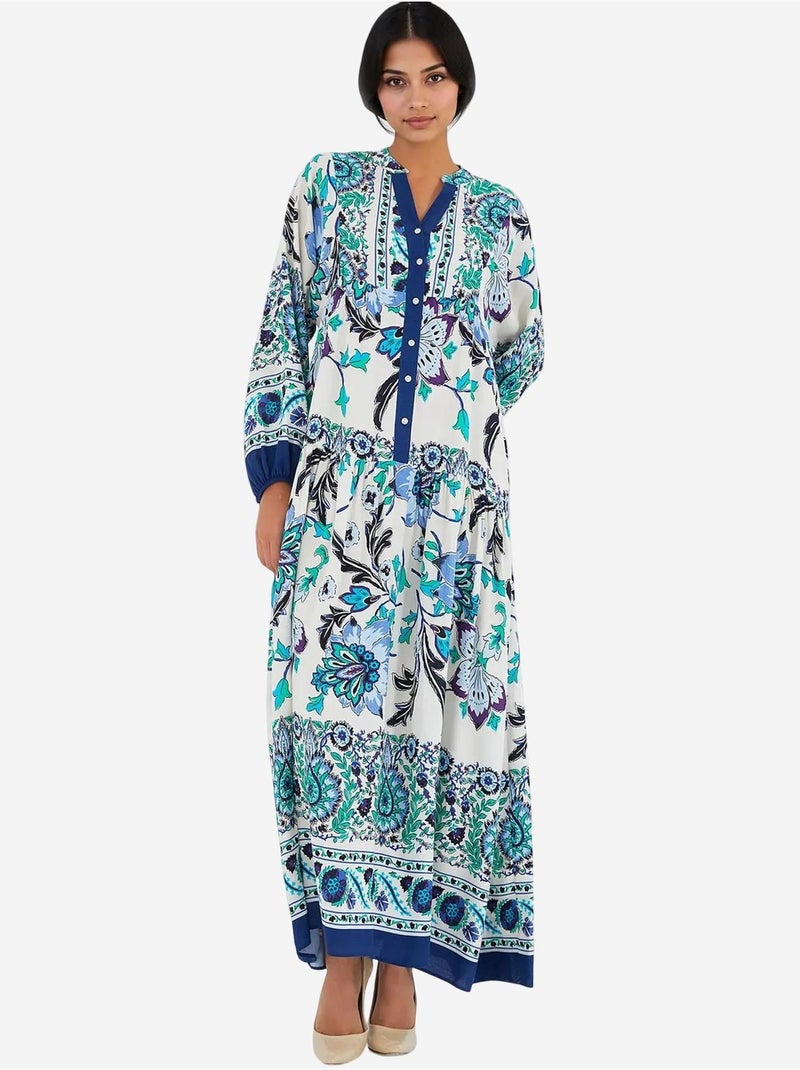 Robe longue imprimée à col en v bdart Bleu canard - Kiabi