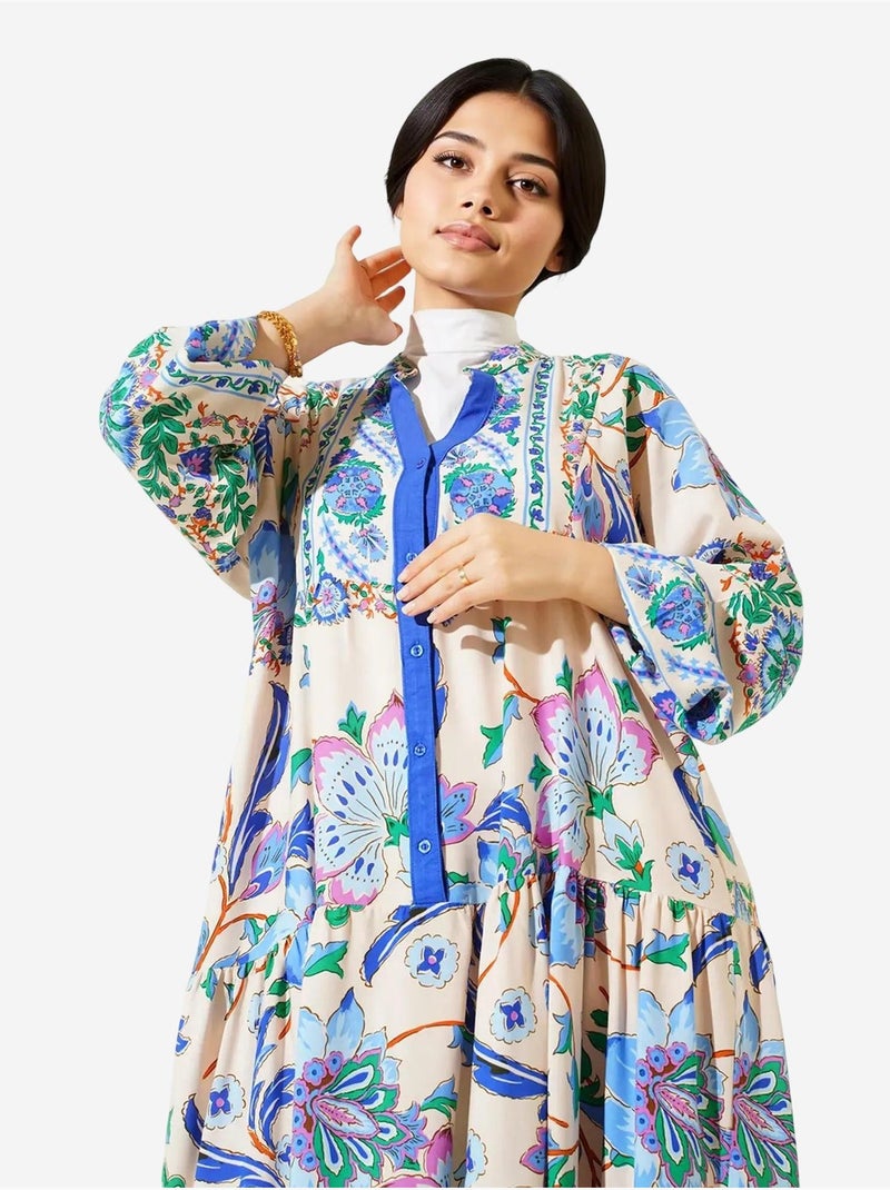 Robe longue imprimée à col en v bdart Bleu cobalt - Kiabi