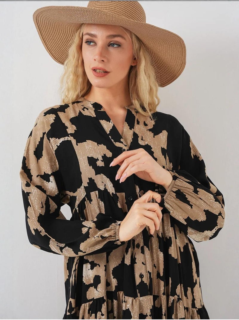 Robe longue imprimée à col en v bdart Grège - Kiabi