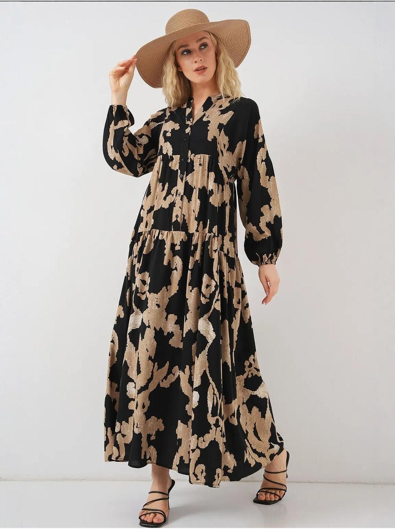 Robe longue imprimée à col en v bdart Grège - Kiabi