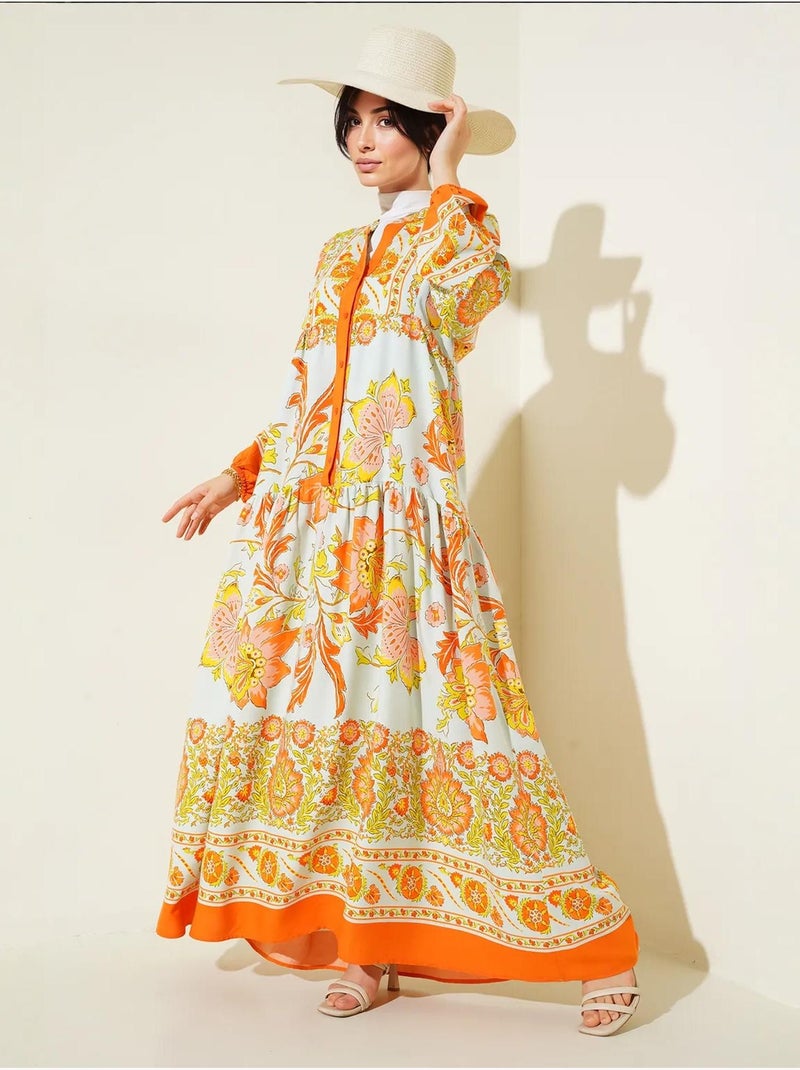 Robe longue imprimée à col en v bdart Orange - Kiabi