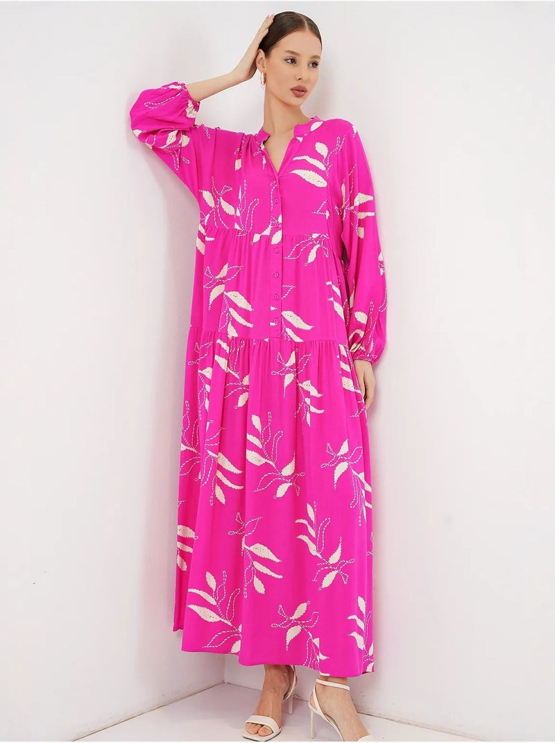 Robe longue imprimée à col en v bdart Rose fluo/Solinotes - Kiabi