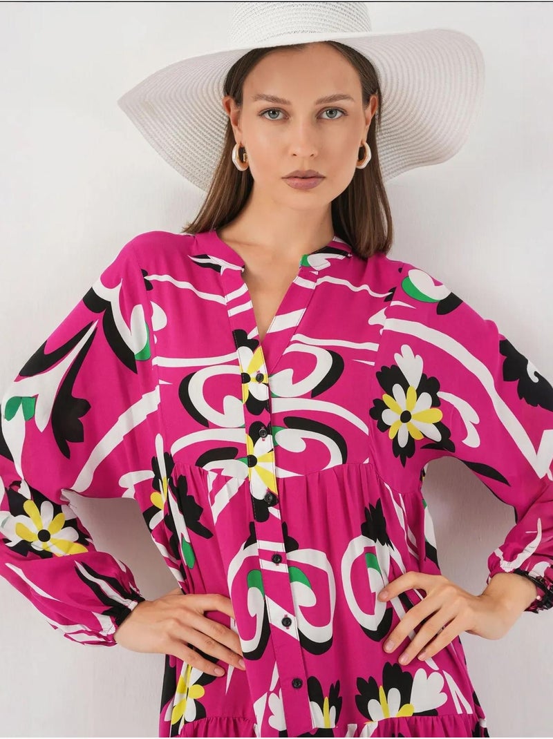 Robe longue imprimée à col en v bdart Rose fushia - Kiabi