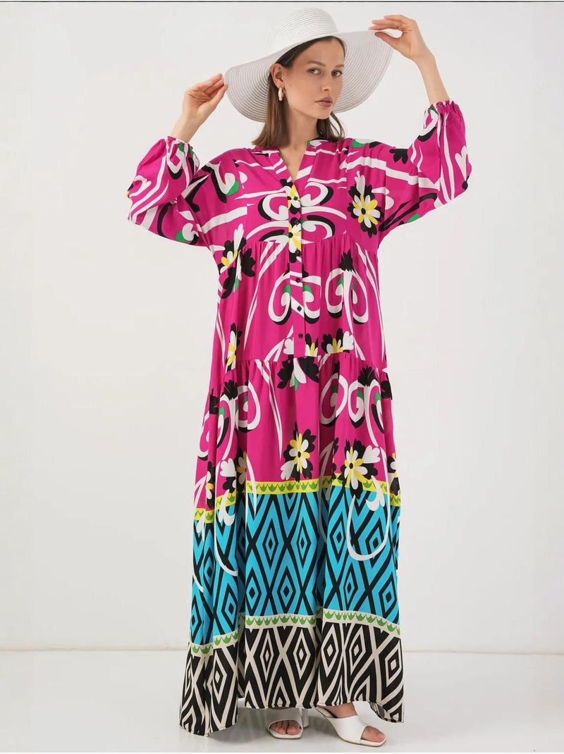 Robe longue imprimée à col en v bdart Rose fushia - Kiabi