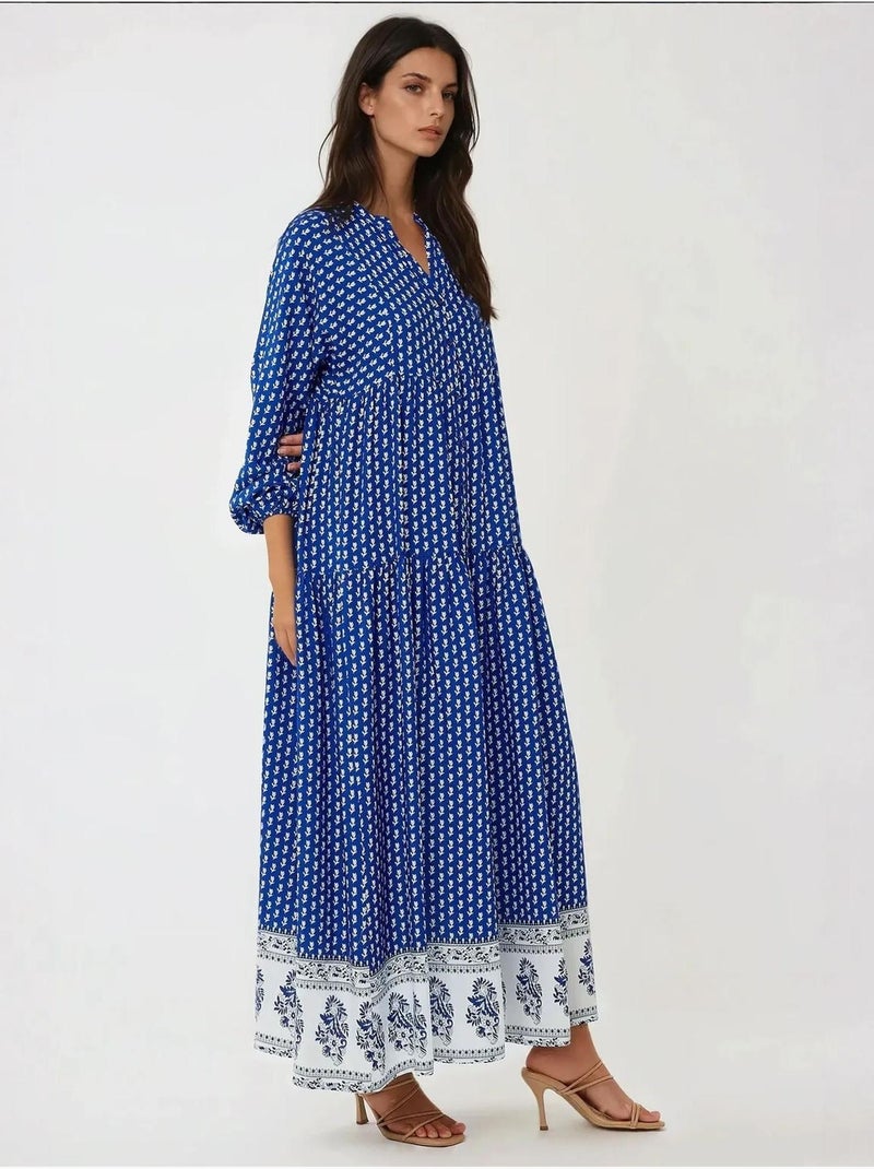 Robe longue imprimée à col en v Bleu électrique - Kiabi