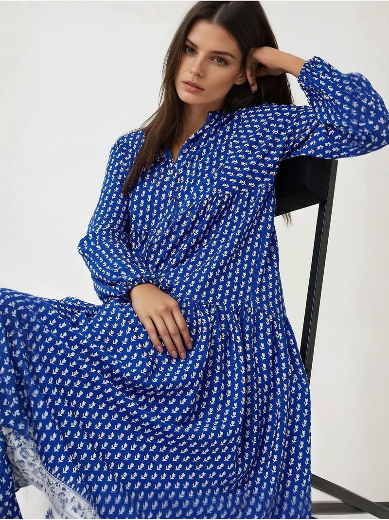 Robe longue imprimée à col en v Bleu électrique - Kiabi
