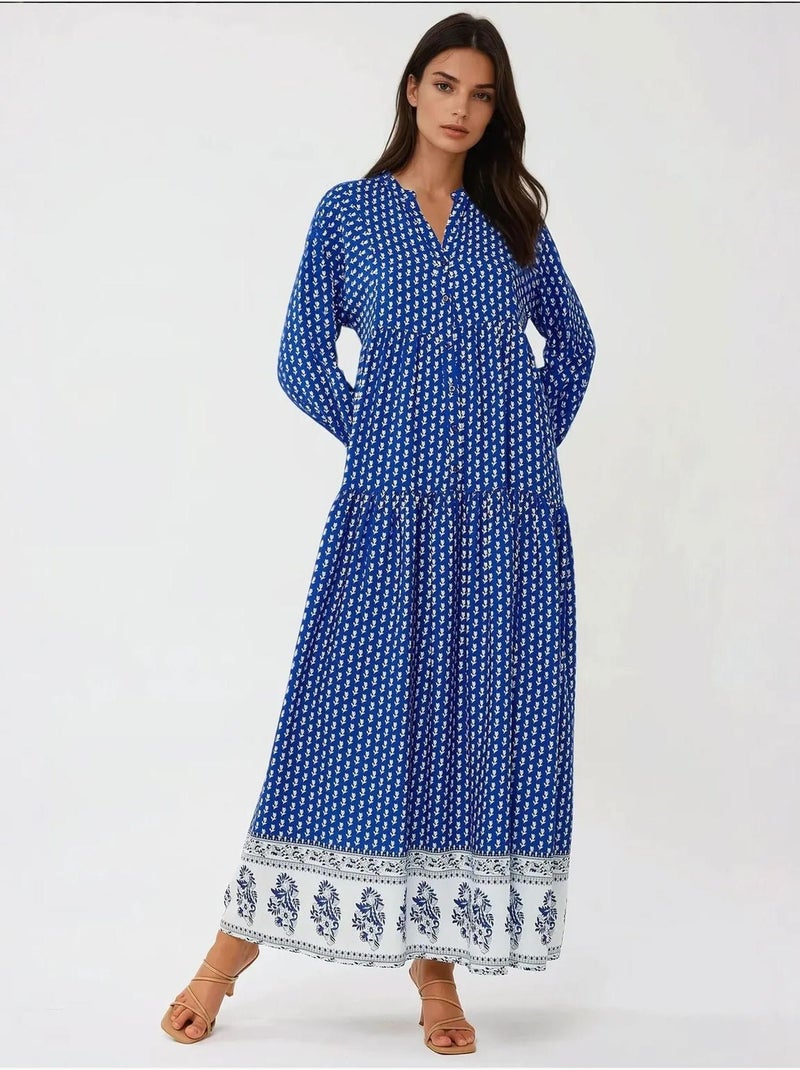 Robe longue imprimée à col en v Bleu électrique - Kiabi