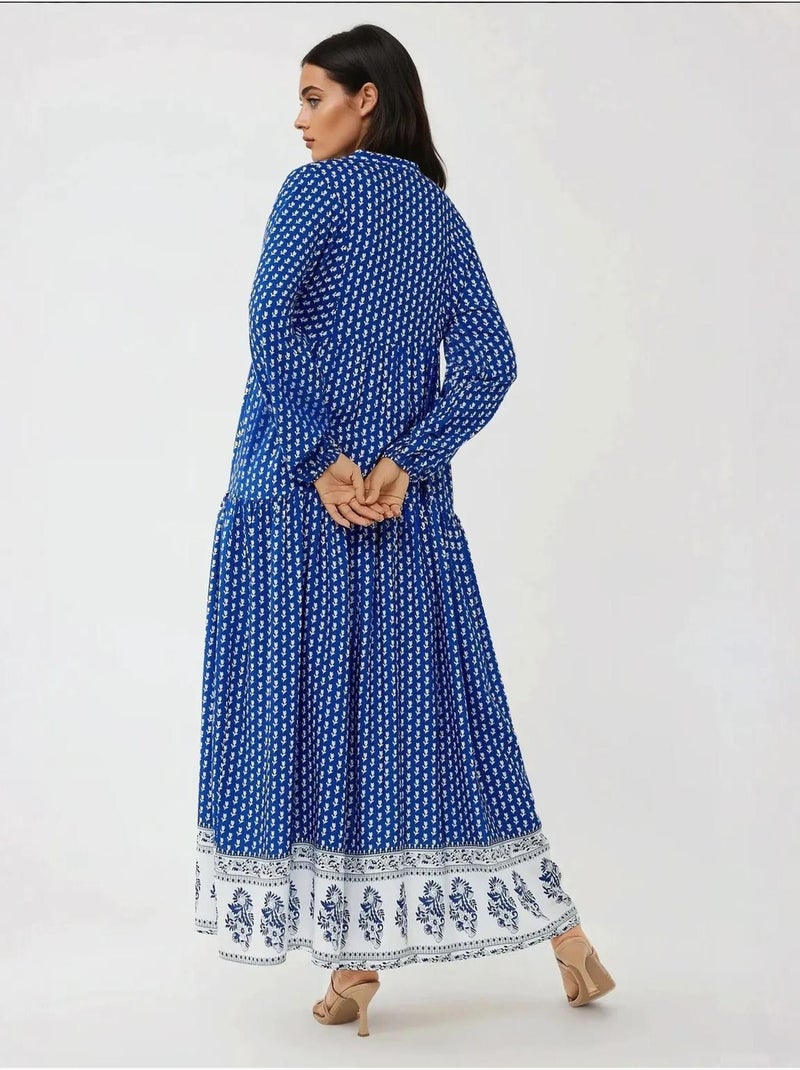 Robe longue imprimée à col en v Bleu électrique - Kiabi