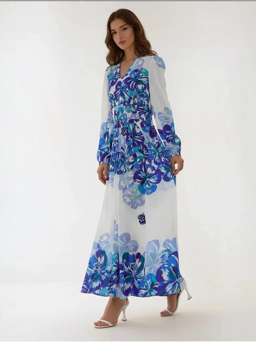 Robe longue imprimée à col en V - Kiabi