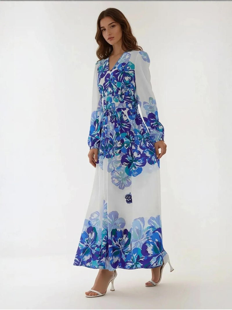 Robe longue imprimée à col en V Bleu - Kiabi