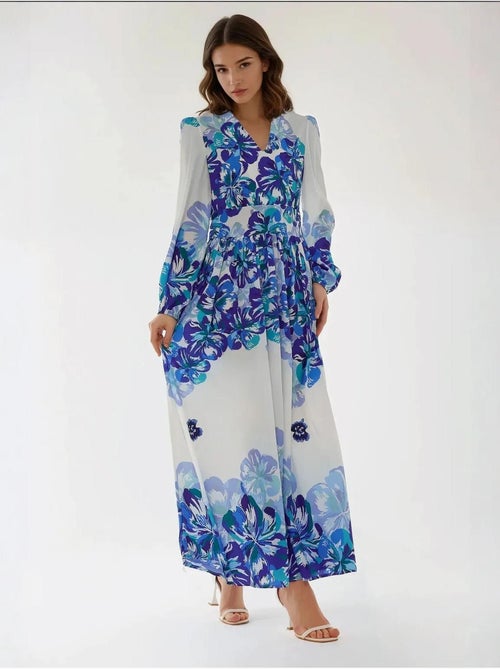 Robe longue imprimée à col en V - Kiabi