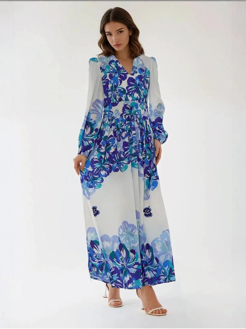 Robe longue imprimée à col en V Bleu - Kiabi