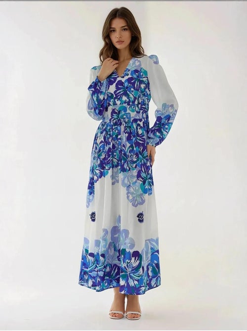 Robe longue imprimée à col en V - Kiabi