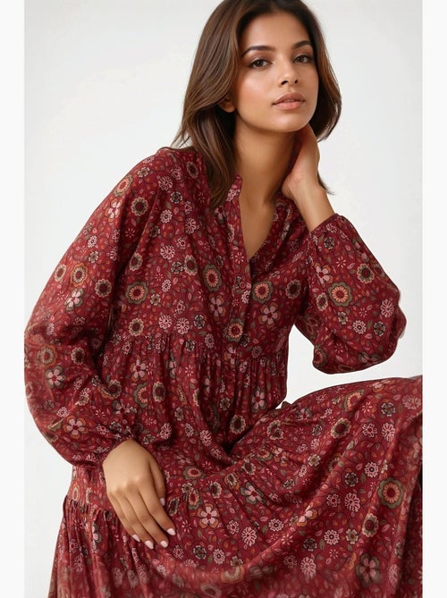 Robe longue imprimée à col en v et boutons hiccup - Kiabi Robe longue imprimée à col en v et boutons hiccup - Kiabi