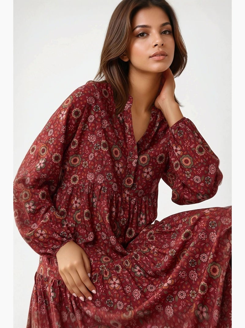 Robe longue imprimée à col en v et boutons hiccup Rouge - Kiabi