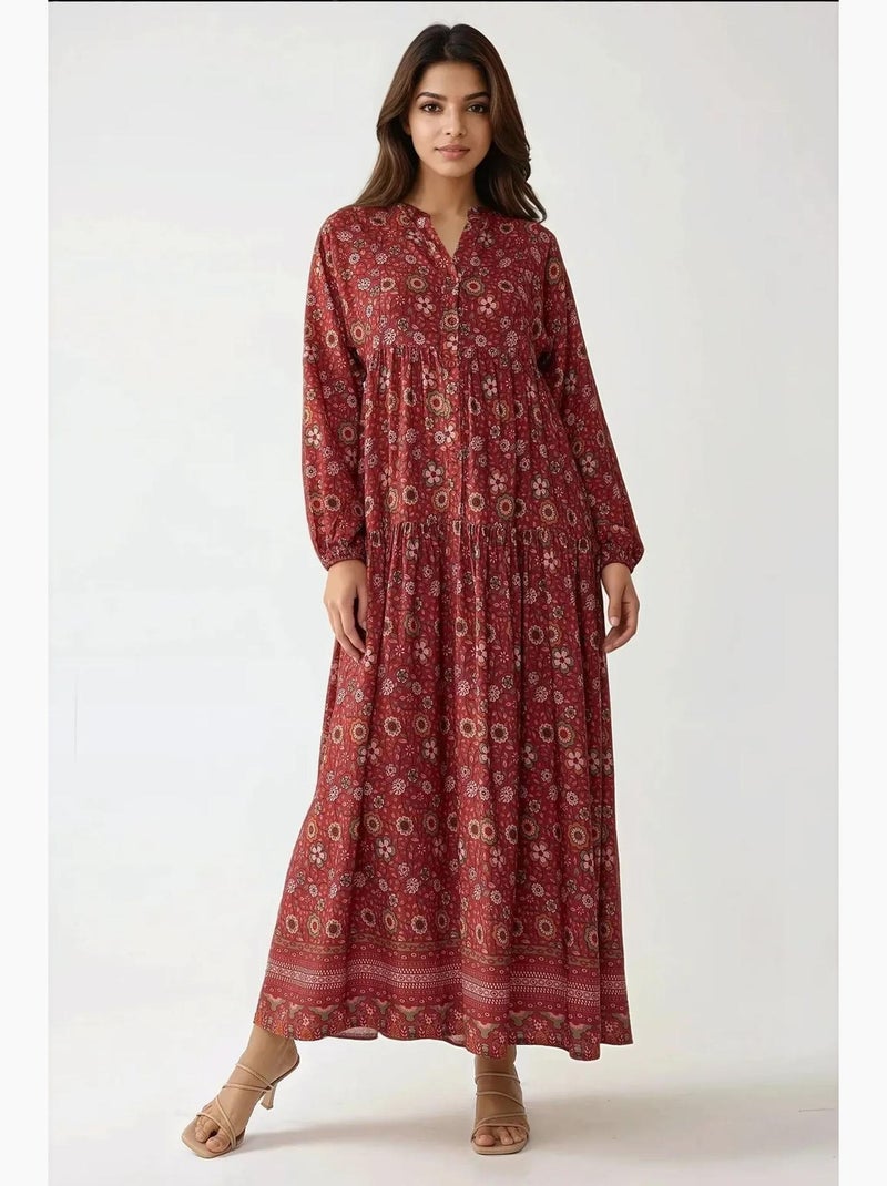 Robe longue imprimée à col en v et boutons hiccup Rouge - Kiabi