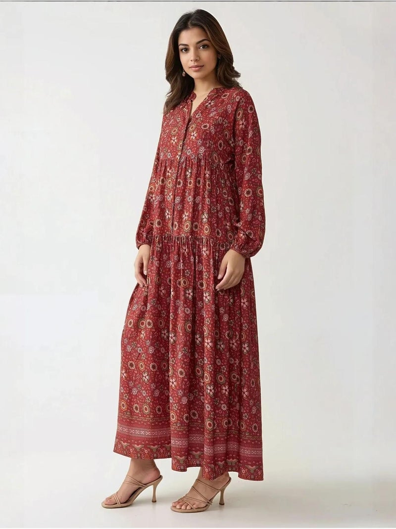Robe longue imprimée à col en v et boutons hiccup Rouge - Kiabi