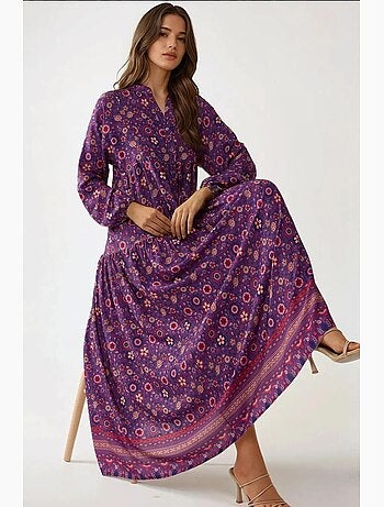 Robe longue imprimée à col en v et boutons hiccup