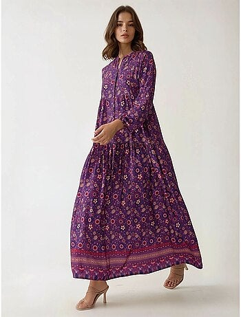 Robe longue imprimée à col en v et boutons hiccup