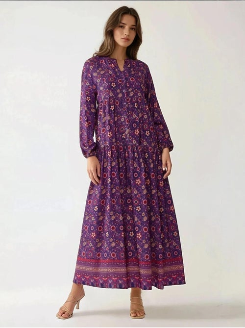 Robe longue imprimée à col en v et boutons hiccup - Kiabi Robe longue imprimée à col en v et boutons hiccup - Kiabi