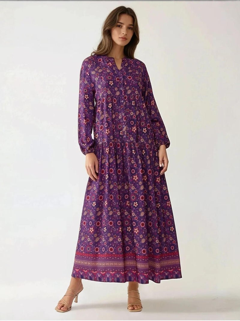 Robe longue imprimée à col en v et boutons hiccup Violet - Kiabi