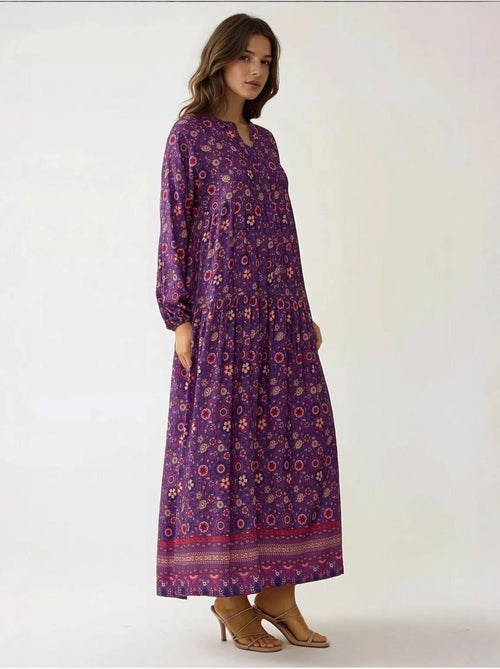 Robe longue imprimée à col en v et boutons hiccup - Kiabi Robe longue imprimée à col en v et boutons hiccup - Kiabi