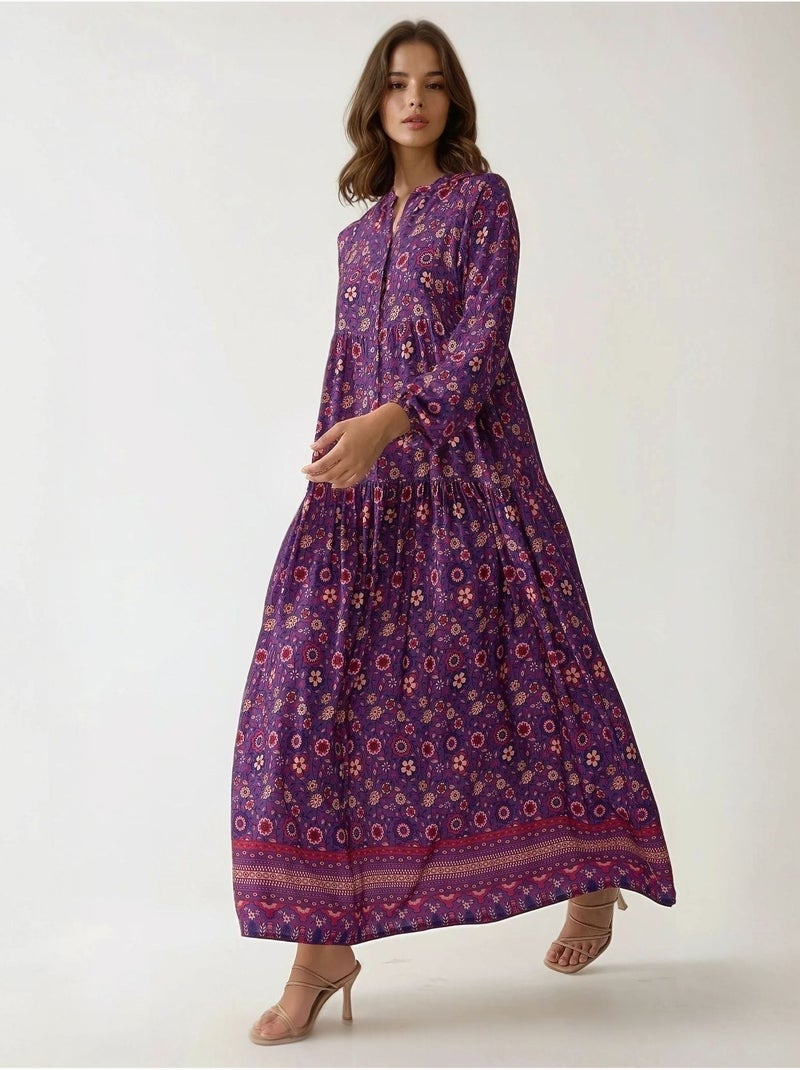 Robe longue imprimée à col en v et boutons hiccup Violet - Kiabi