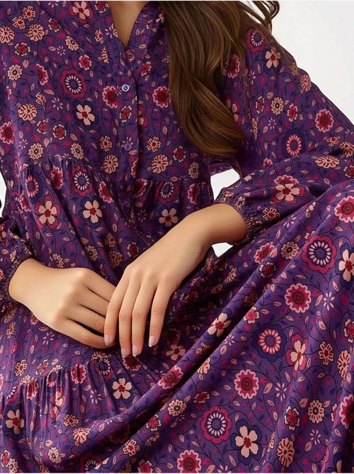 Robe longue imprimée à col en v et boutons hiccup - Kiabi Robe longue imprimée à col en v et boutons hiccup - Kiabi