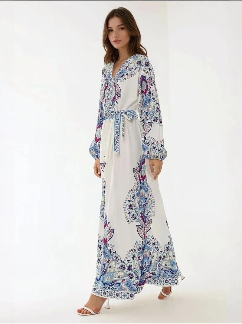 Robe longue imprimée à col en V et ceinture Multicolore - Kiabi