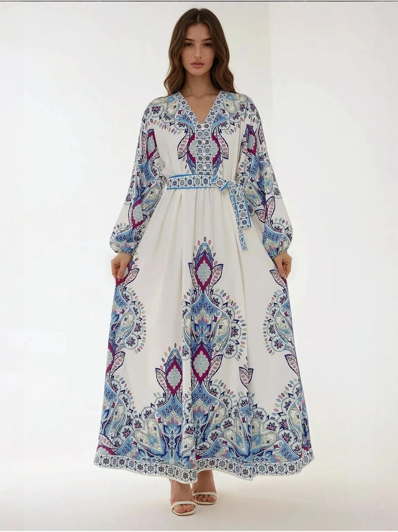 Robe longue imprimée à col en V et ceinture Multicolore - Kiabi