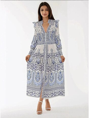 Robe longue imprimée à col en V et détails à volants