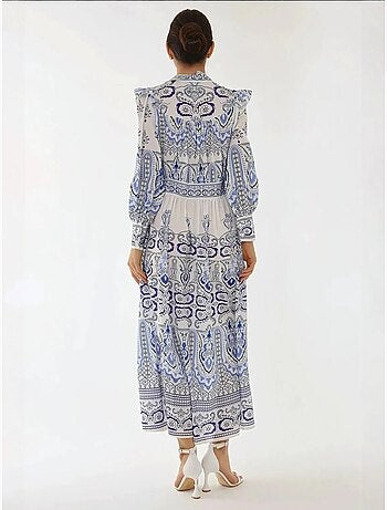 Robe longue imprimée à col en V et détails à volants