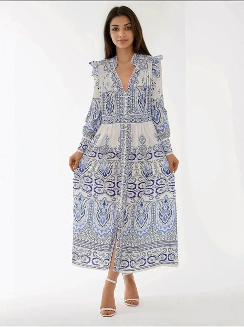 Robe longue imprimée à col en V et détails à volants - Kiabi
