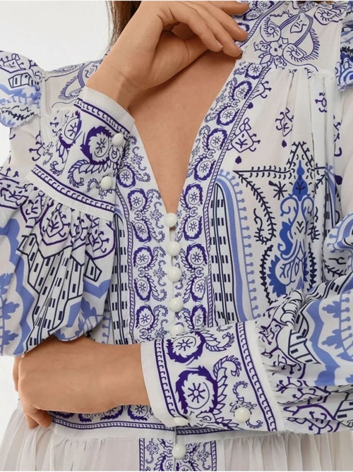 Robe longue imprimée à col en V et détails à volants - Kiabi