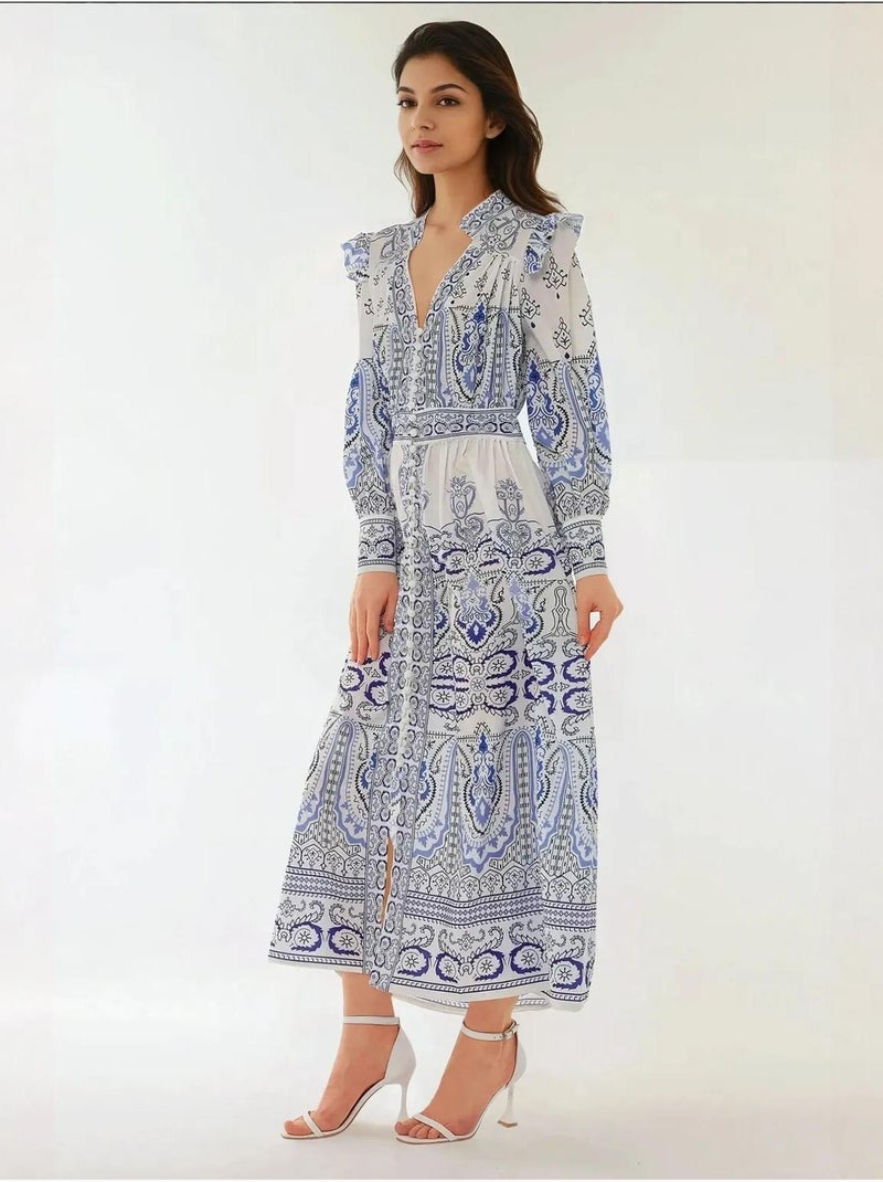 Robe longue imprimée à col en V et détails à volants Multicolore - Kiabi