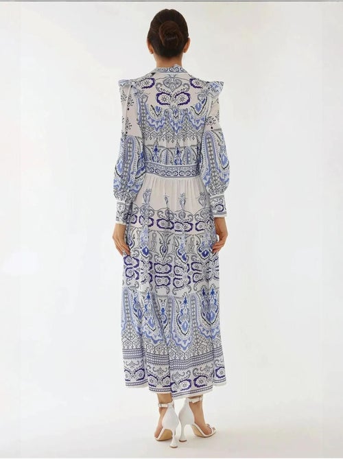 Robe longue imprimée à col en V et détails à volants - Kiabi