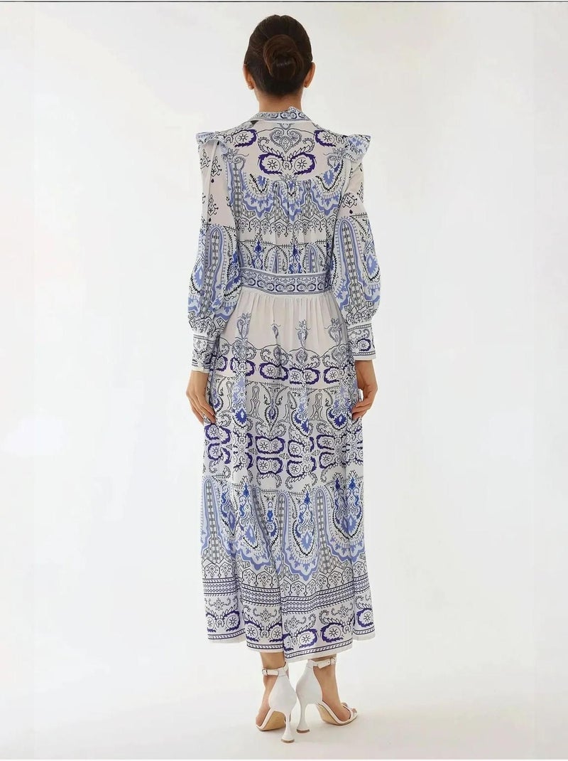 Robe longue imprimée à col en V et détails à volants Multicolore - Kiabi