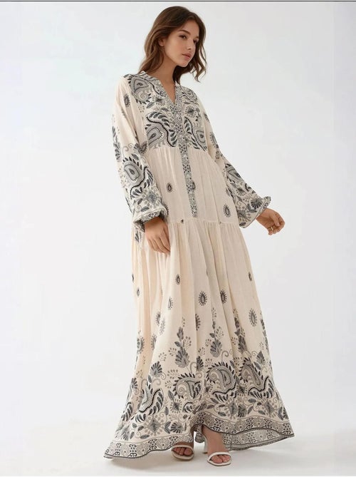 Robe longue imprimée à col en V et détails boutonnés - Kiabi Robe longue imprimée à col en V et détails boutonnés - Kiabi