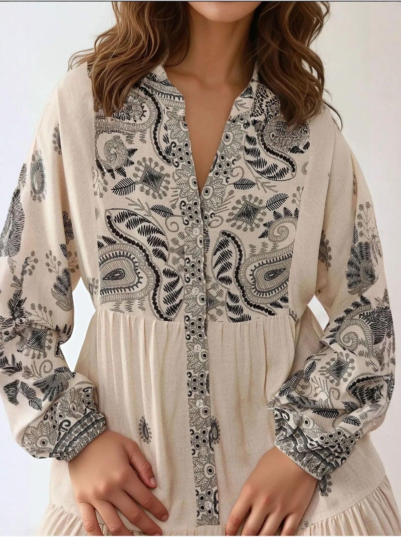 Robe longue imprimée à col en V et détails boutonnés Blanc cassé - Kiabi