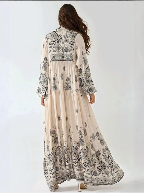 Robe longue imprimée à col en V et détails boutonnés - Kiabi Robe longue imprimée à col en V et détails boutonnés - Kiabi