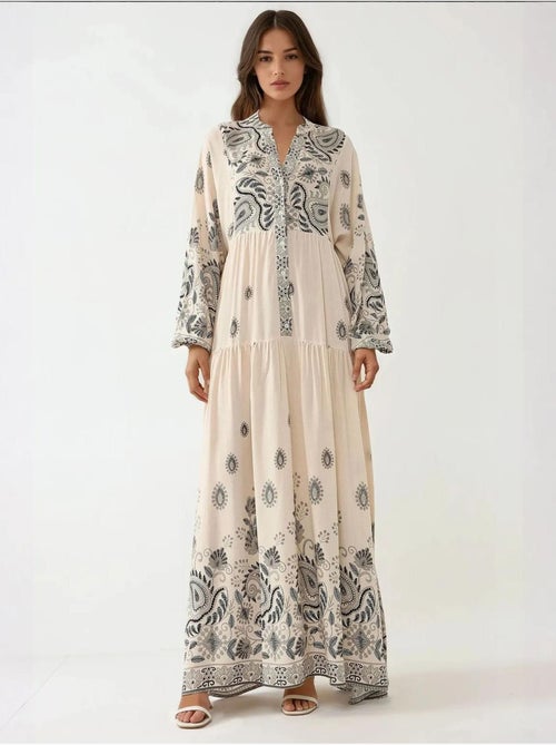 Robe longue imprimée à col en V et détails boutonnés - Kiabi Robe longue imprimée à col en V et détails boutonnés - Kiabi