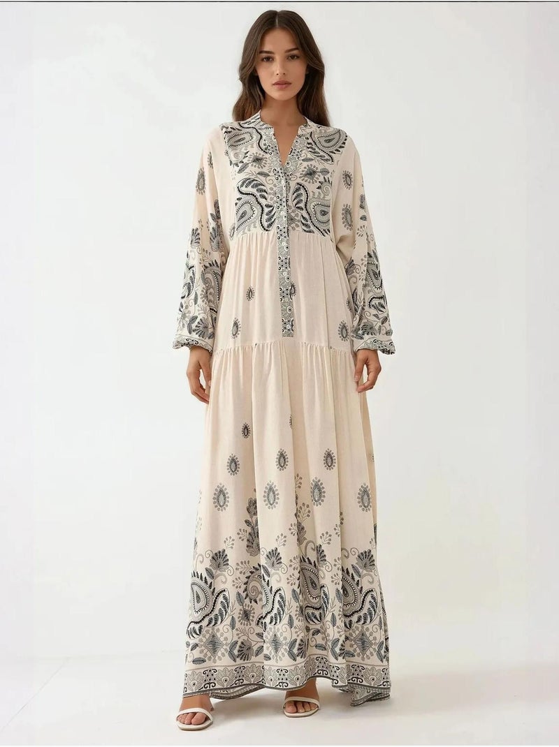 Robe longue imprimée à col en V et détails boutonnés Blanc cassé - Kiabi