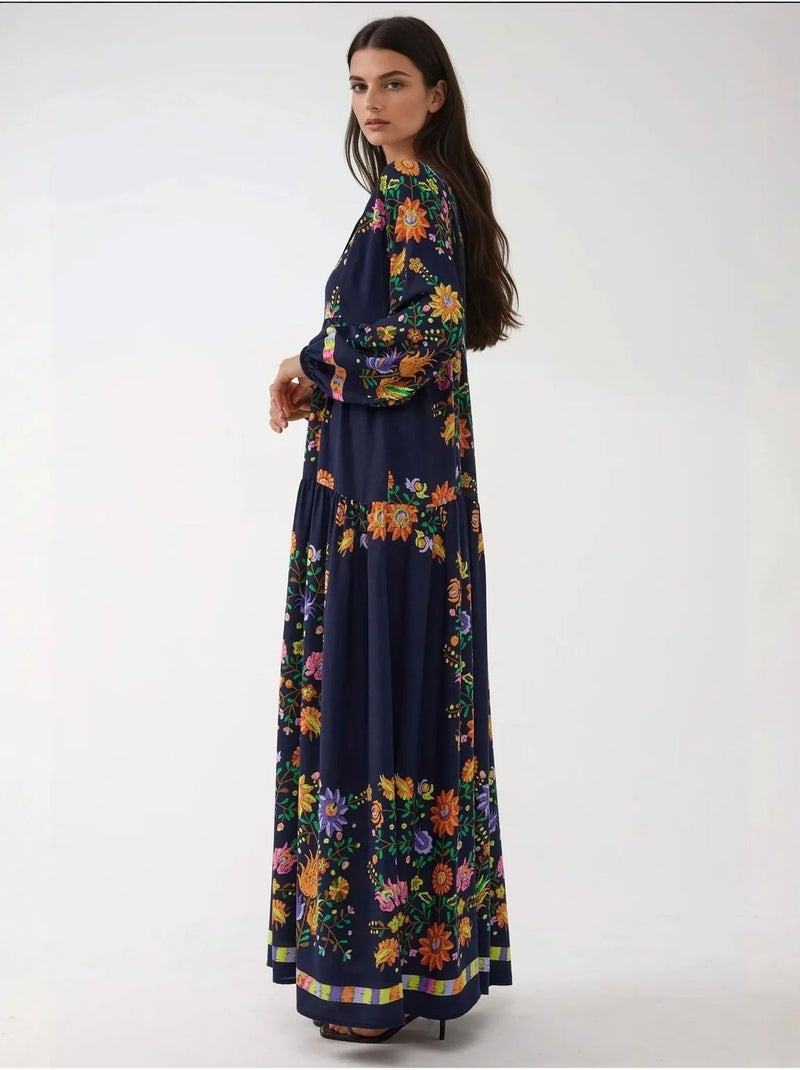 Robe longue imprimée à col en v et détails boutonnés Bleu marine - Kiabi