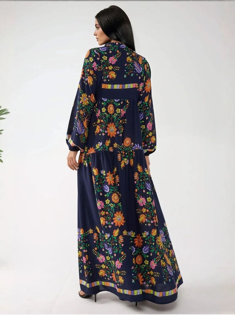 Robe longue imprimée à col en v et détails boutonnés Bleu marine - Kiabi